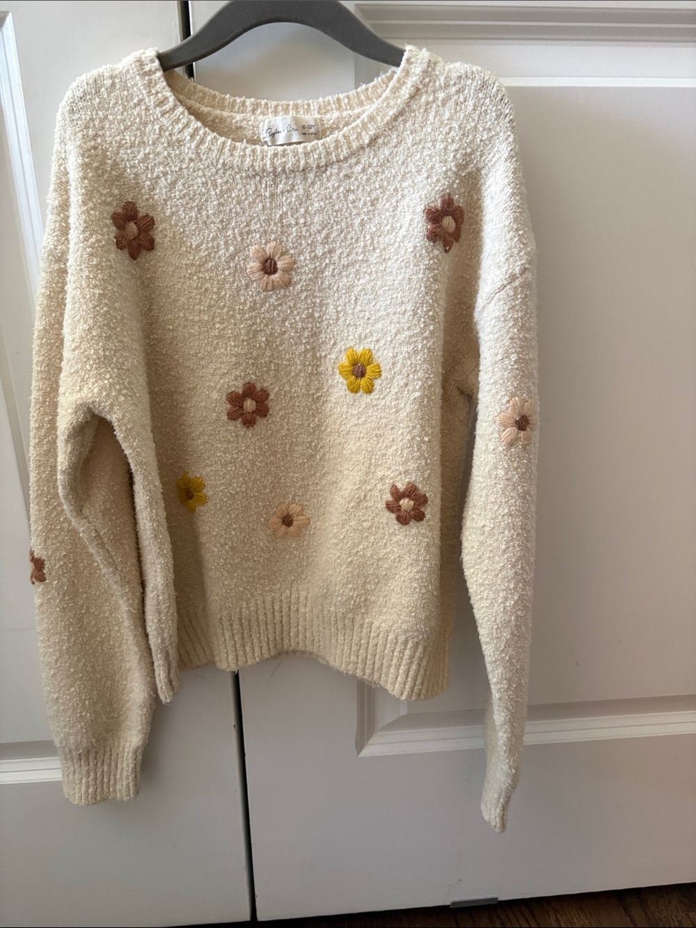 Rylee + Cru Cream Bouclé Crewneck Sweater with Embroidered Flowers